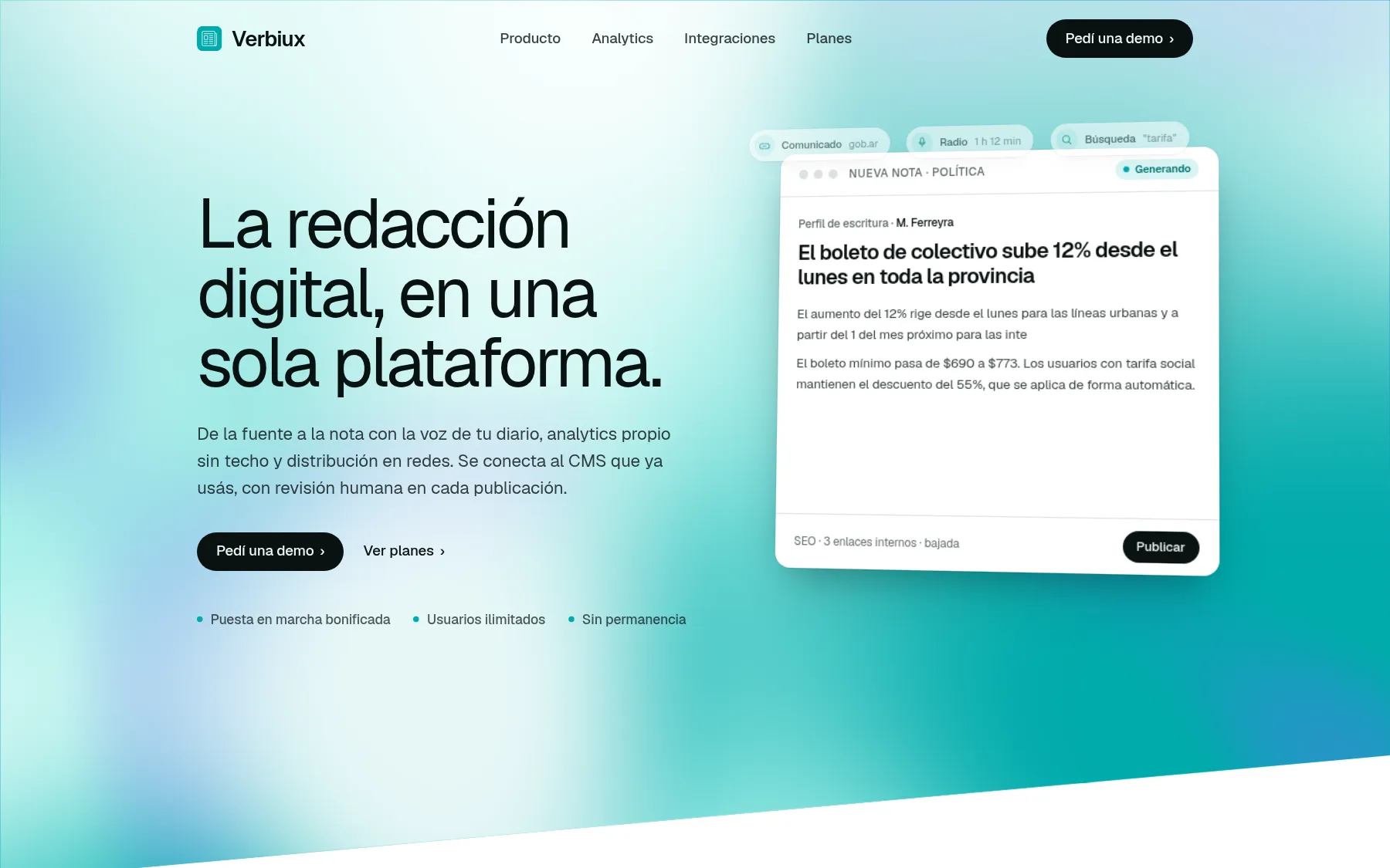 Verbiux landing page: a draft story generated in the outlet's voice, ready for review